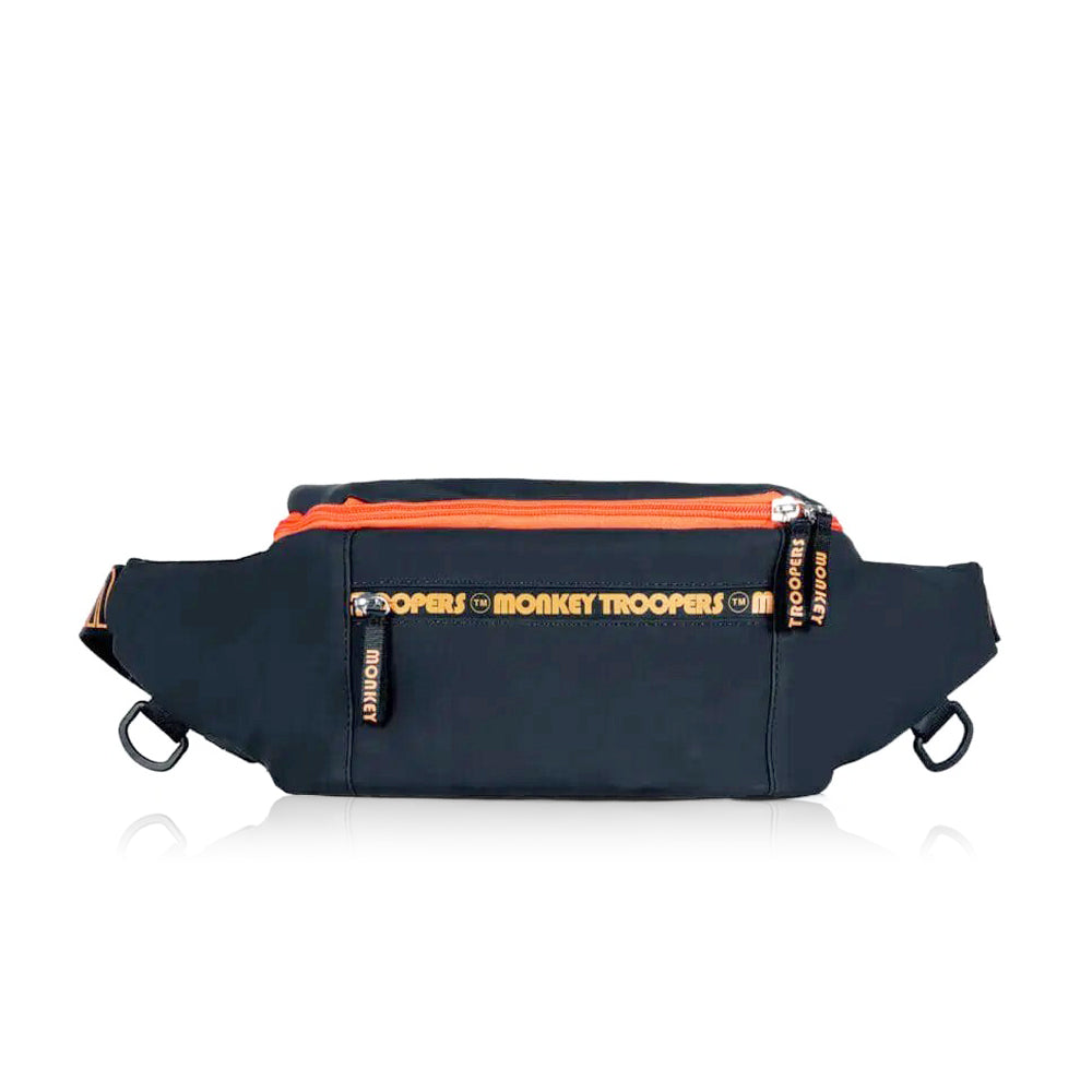 Black and navy Banger convertible backpack by Monkey Troopers with adjustable straps and multiple compartments.