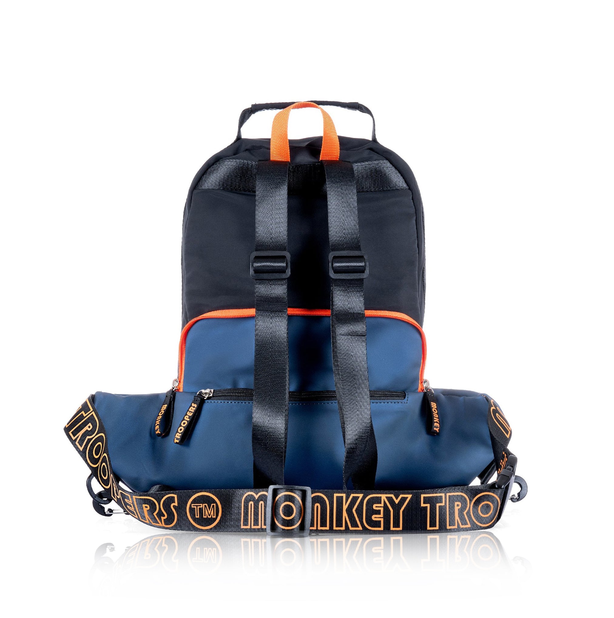 Monkey Troopers Banger Convertible Backpack in navy and black, showing the stylish, versatile design with adjustable straps and multiple compartments.