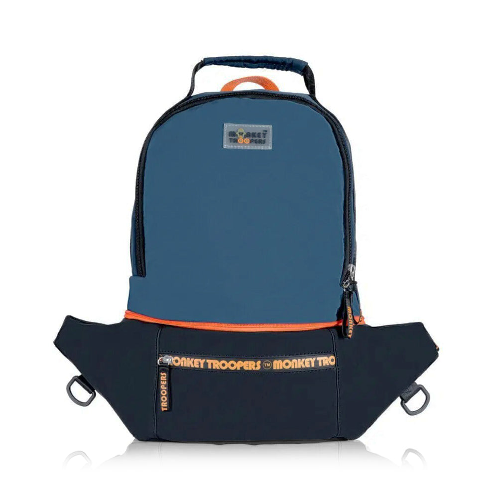 Black and navy Banger convertible backpack by Monkey Troopers, showing its versatile design and casual style.
