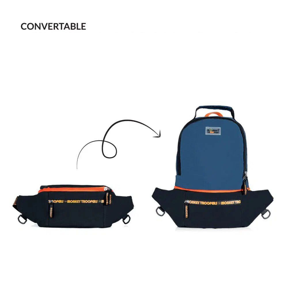 Black and navy Banger Convertible Backpack by Monkey Troopers shown with adjustable straps and multiple compartments.