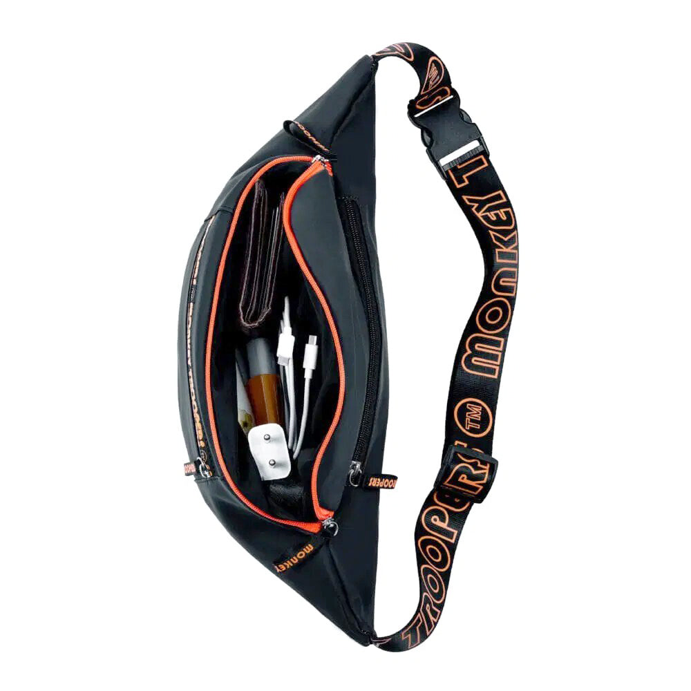Black and navy Banger Convertible Backpack by Monkey Troopers with adjustable straps and multiple compartments.