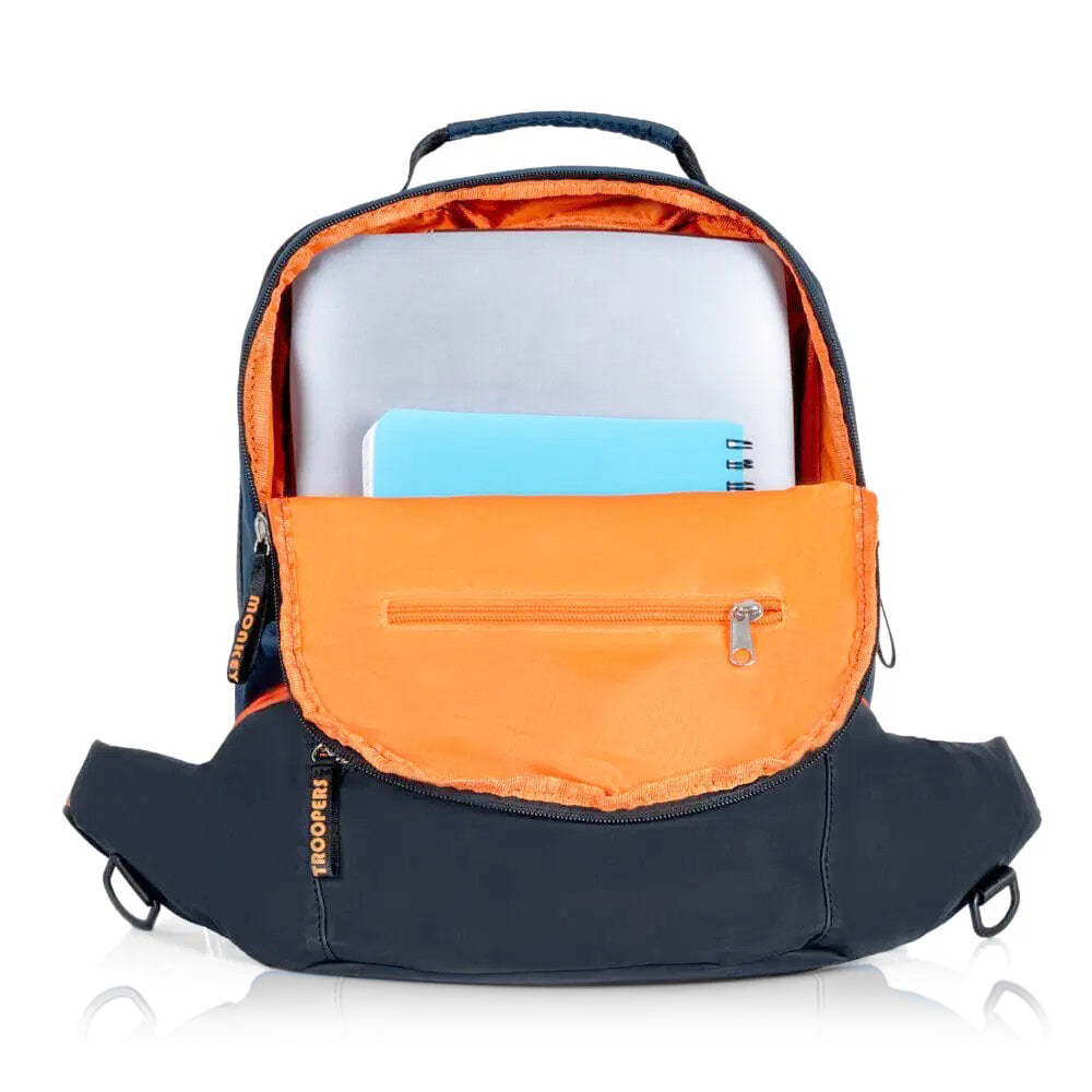 Black and navy Banger convertible backpack by Monkey Troopers, showing a stylish, versatile bag with adjustable straps and multiple compartments.