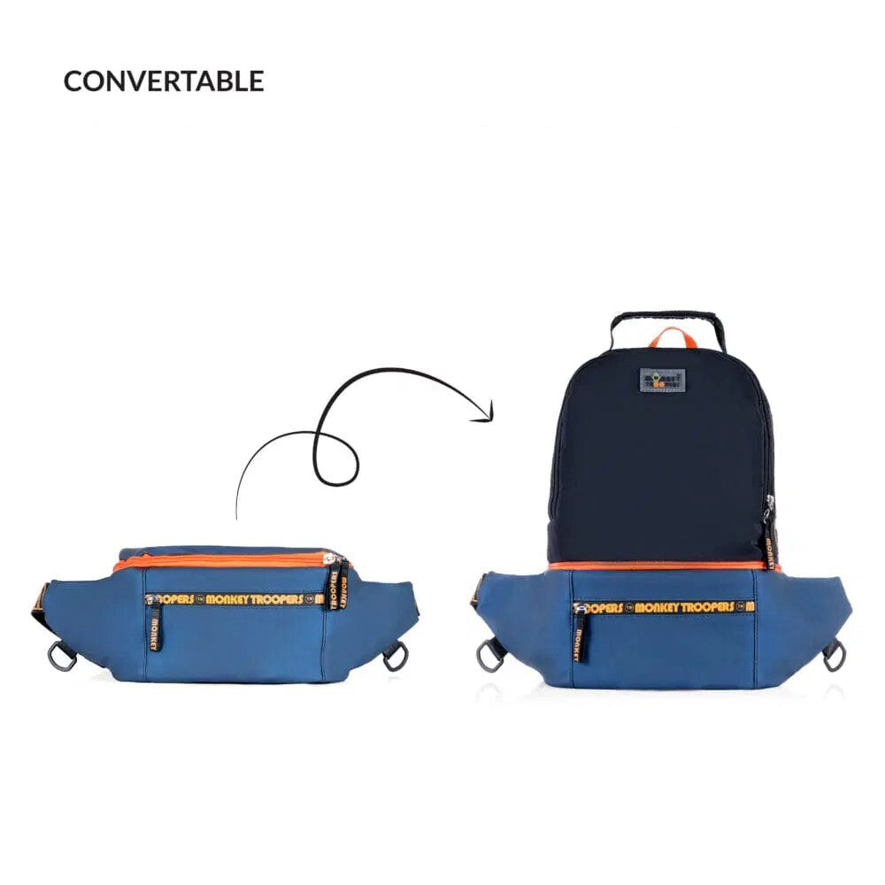 Monkey Troopers Banger Convertible Backpack in navy and black with adjustable straps and multiple compartments.