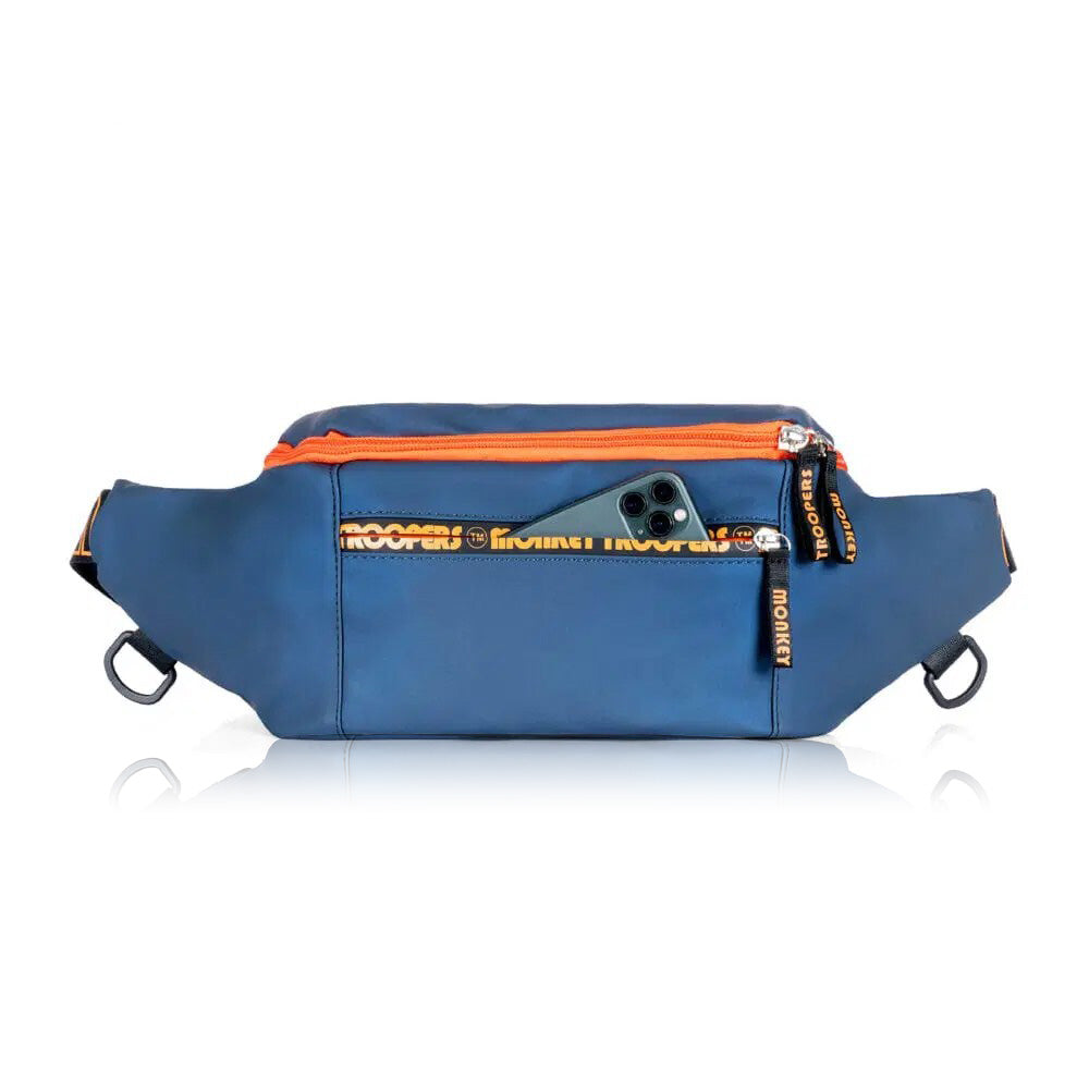 Monkey Troopers Banger Convertible Backpack in navy and black with multiple compartments and adjustable straps.