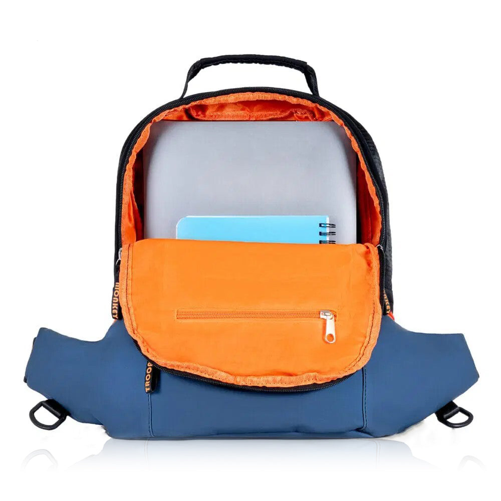 Monkey Troopers Banger Convertible Backpack in navy and black, showing its sleek design and convertible straps.