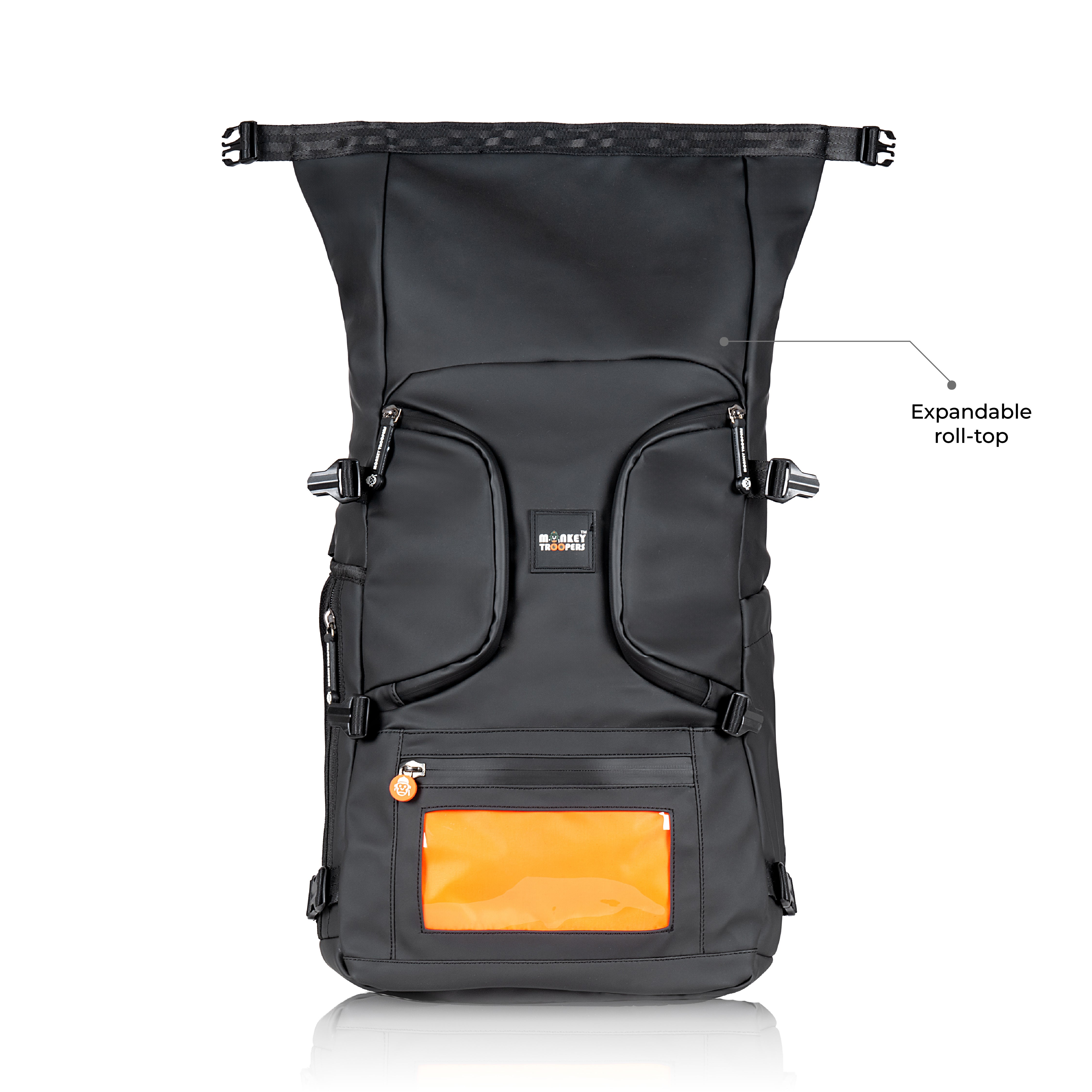 Black Stormy Backpack by Monkey Troopers featuring adjustable straps, front pocket, and durable fabric for everyday use.