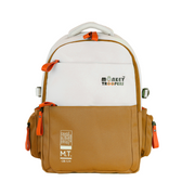 White and brown Bouje laptop backpack by Monkey Troopers with multiple compartments and padded straps for comfortable carrying.