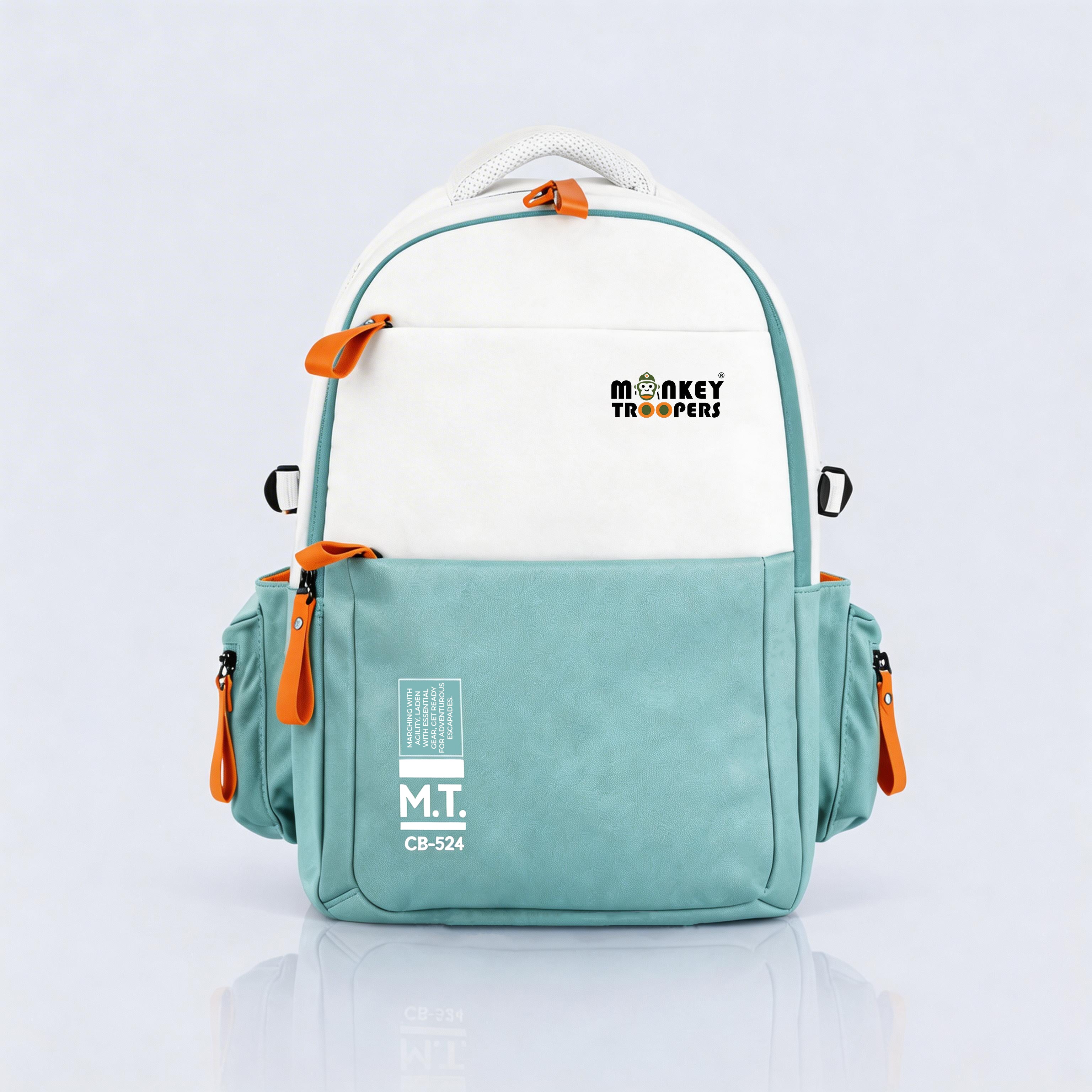 White and teal Bouje Laptop Backpack by Monkey Troopers with multiple compartments and padded straps.