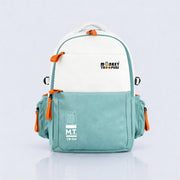 White and teal Bouje Laptop Backpack by Monkey Troopers with multiple compartments and padded straps.
