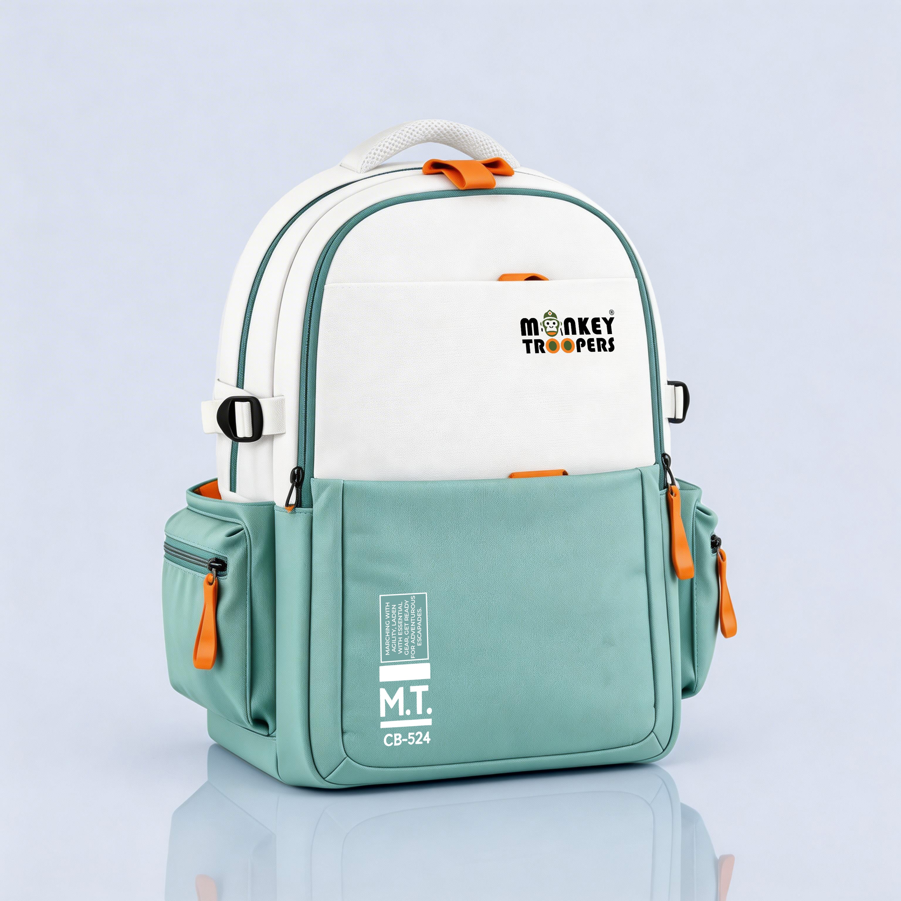 White and teal Bouje Laptop Backpack by Monkey Troopers with adjustable straps and multiple compartments for everyday use.