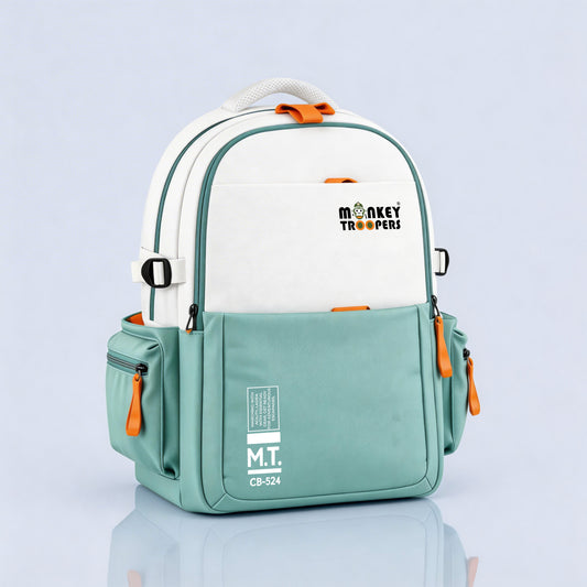White and teal Bouje Laptop Backpack by Monkey Troopers with adjustable straps and multiple compartments for everyday use.