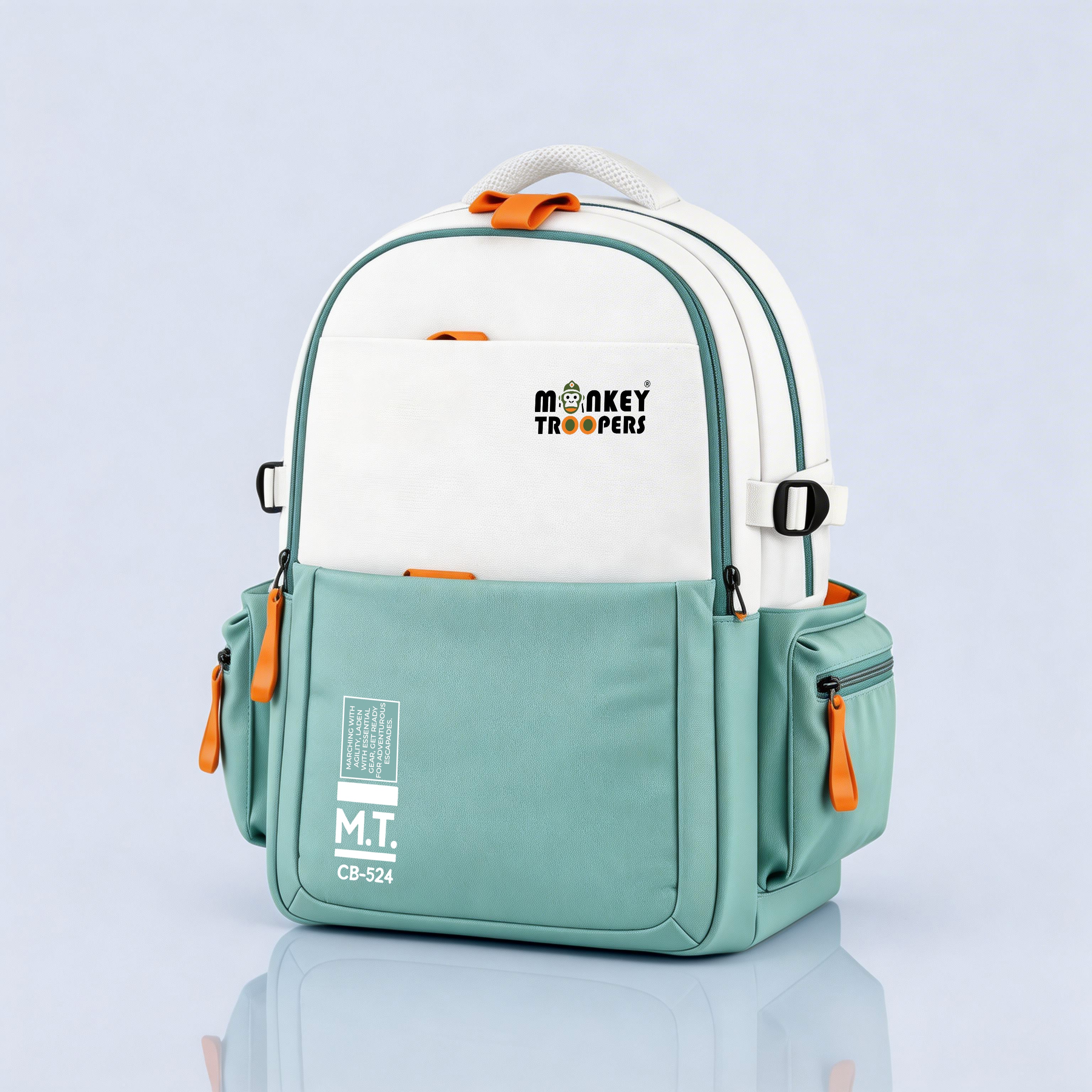 White and teal Bouje Laptop Backpack by Monkey Troopers with adjustable straps and multiple compartments.