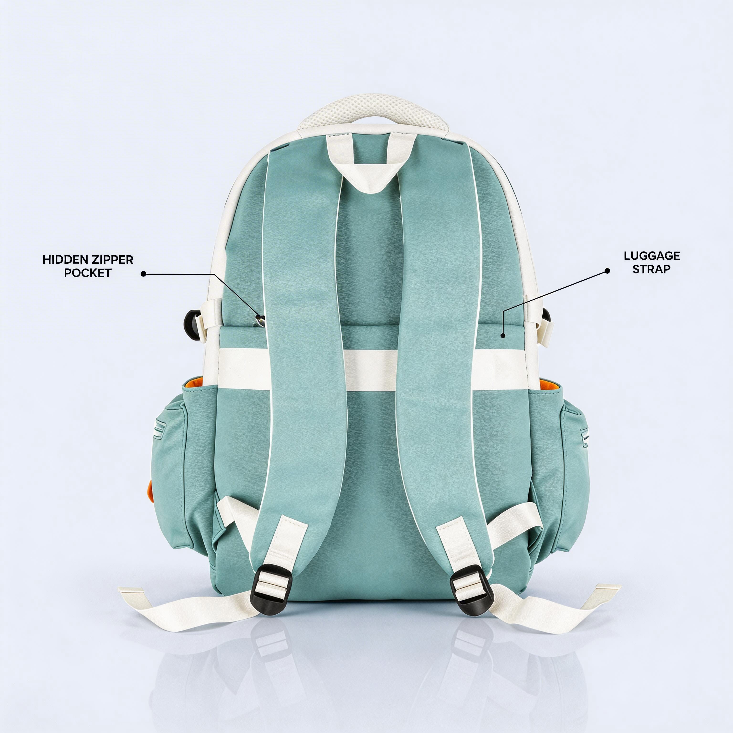 White and teal Bouje Laptop Backpack by Monkey Troopers with multiple compartments and adjustable straps.