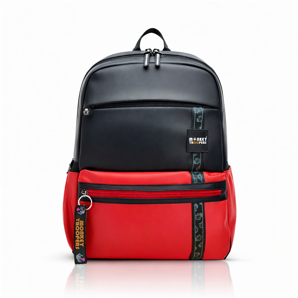 Black and orange Trippy Backpack by Monkey Troopers with vibrant, psychedelic design and adjustable straps, suitable for everyday use.