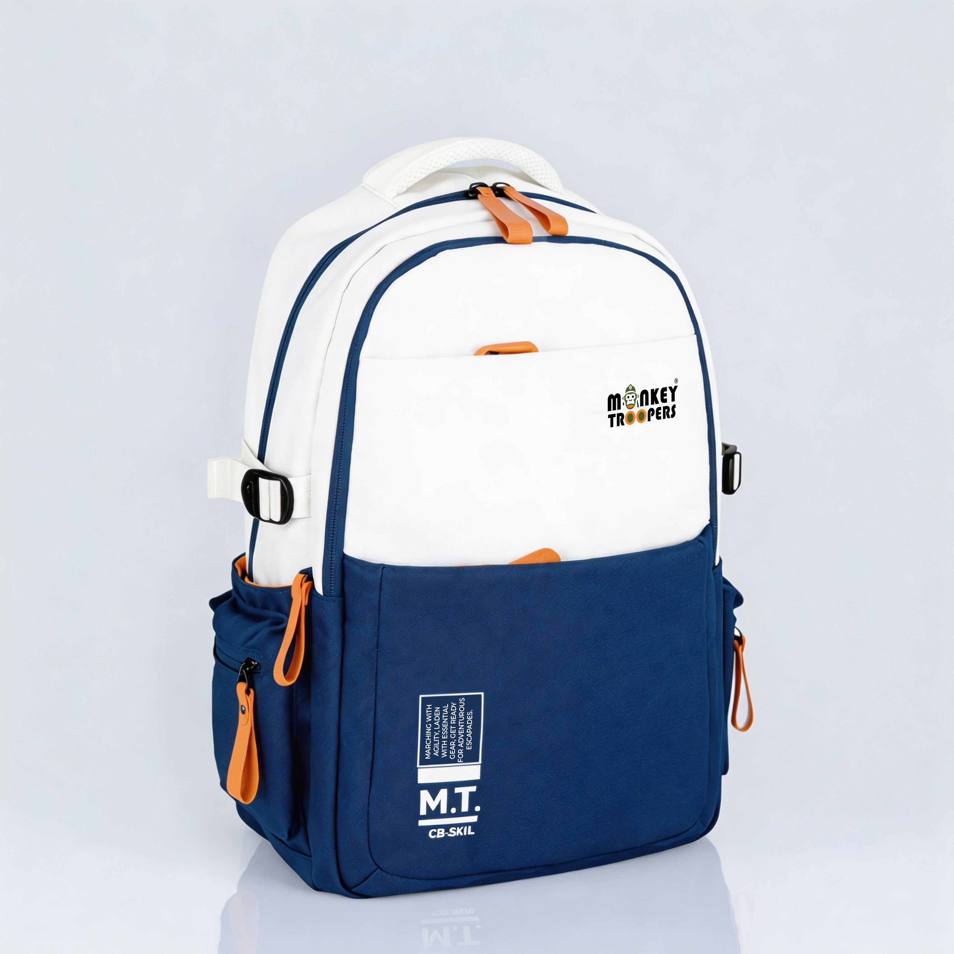 Monkey Troopers Bouje Laptop Backpack in white and navy, showing its sleek design and spacious compartments for everyday use.