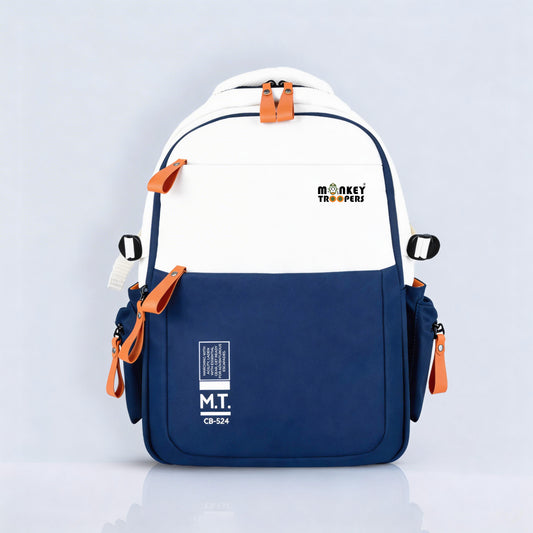 Monkey Troopers Bouje Laptop Backpack in white and navy color, showing its sleek design and multiple compartments.