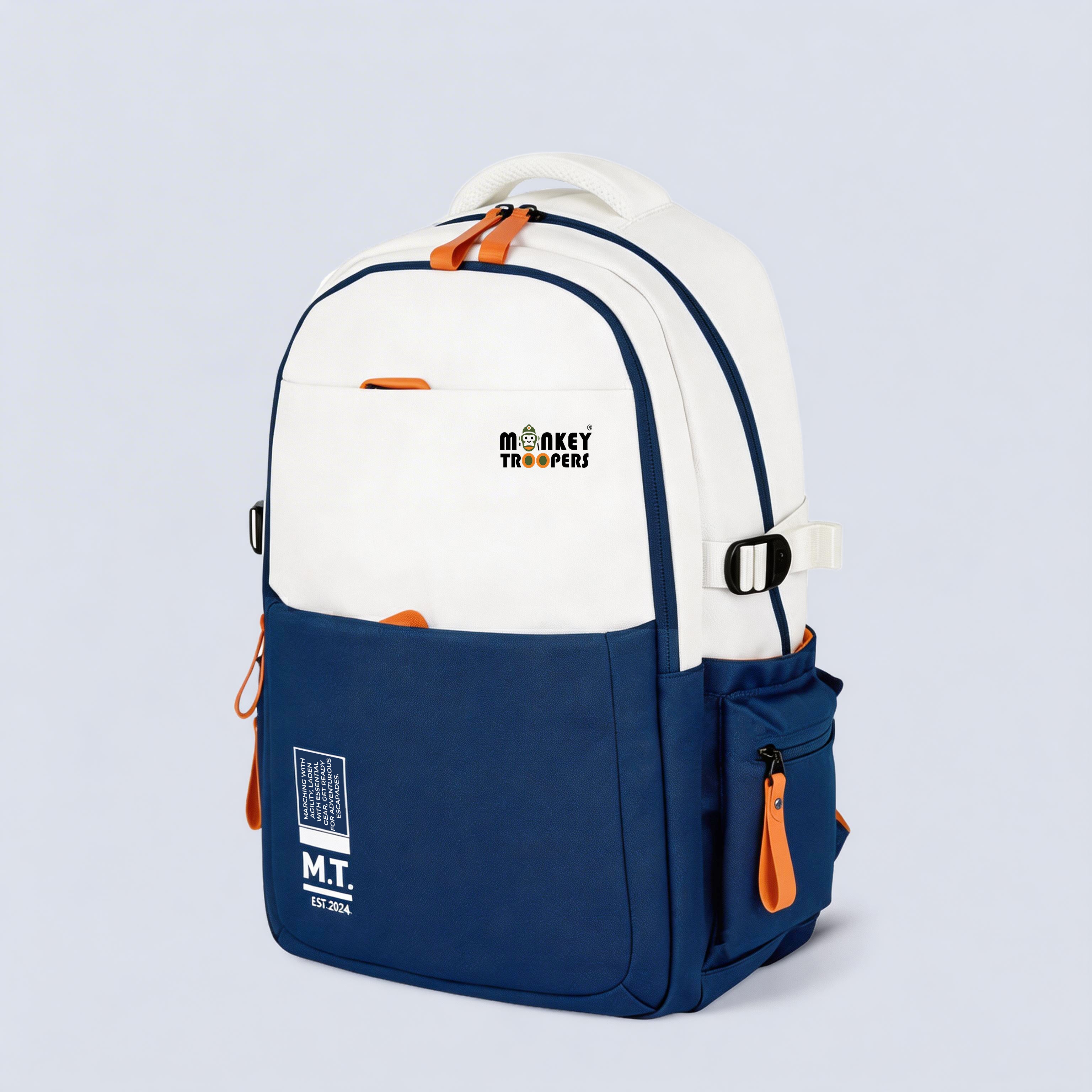 Monkey Troopers Bouje Laptop Backpack in white and navy with multiple compartments and padded straps for everyday use.